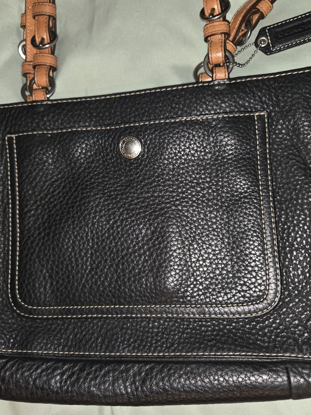 Coach Pebbled Leather Black Tote with Tan Handles